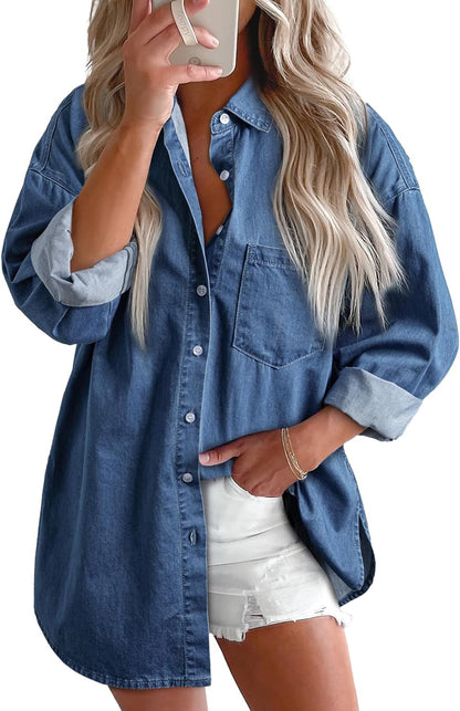 Asstylish mujeres Denim Camisas botón Abrigos de plumas blusa manga larga V Masajeadores cuello casual Tops