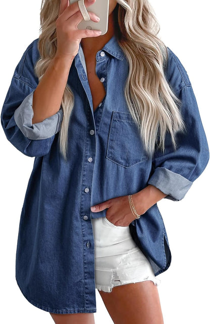 Astylish kvinder Denim skjorter knap ned bluse lange ærmer V hals Casual topper