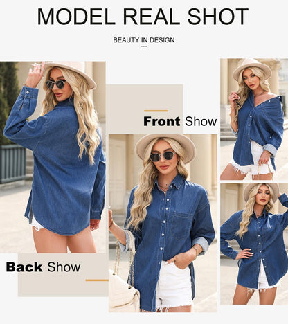 Astylish Women Denim Shirts Button Down Blouse Long Sleeve V Neck Casual Tops