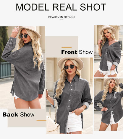 Astylish Women Denim Shirts Button Down Blouse Long Sleeve V Neck Casual Tops