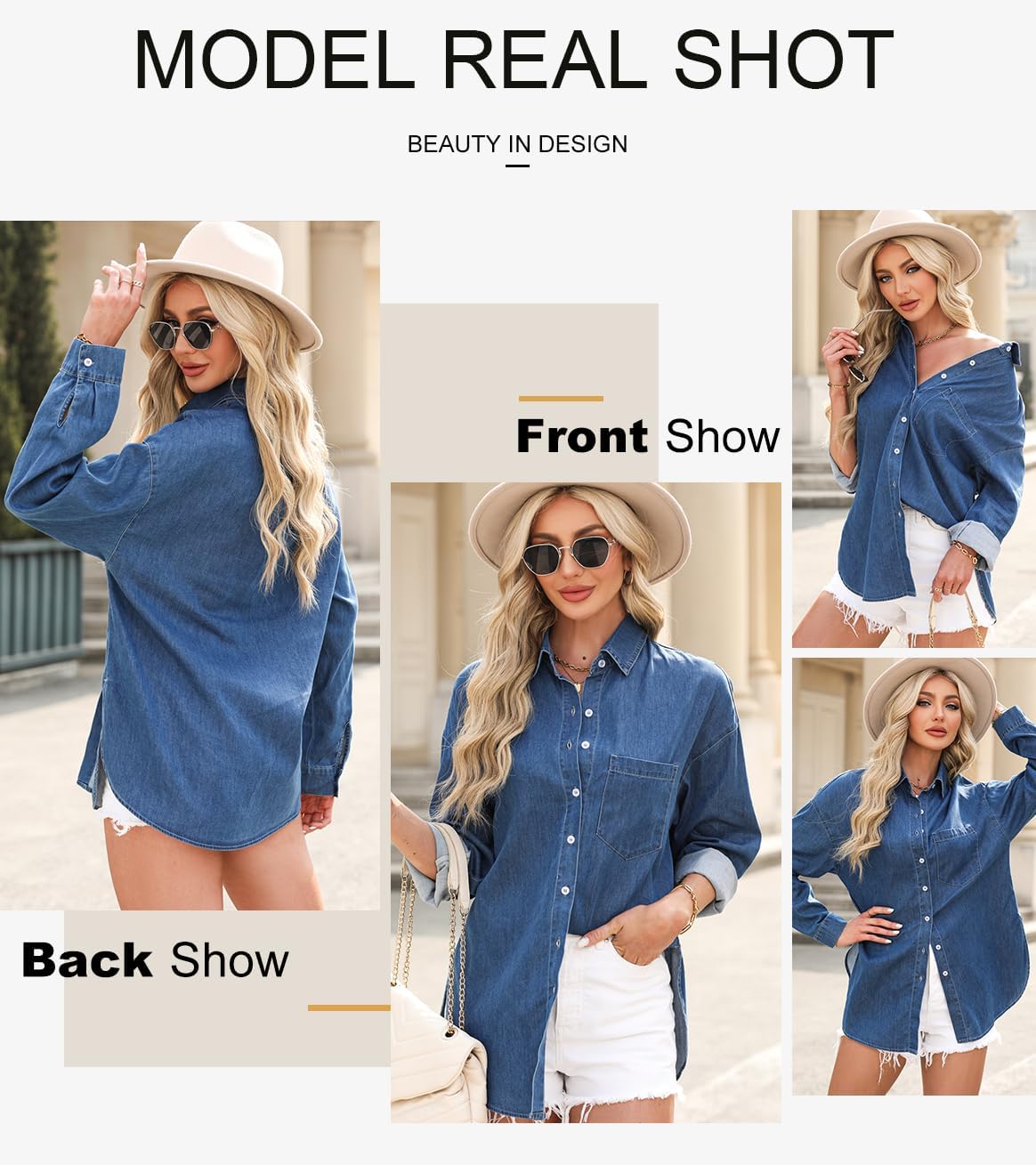 Astylish Women Denim Shirts Button Down Blouse Long Sleeve V Neck Casual Tops