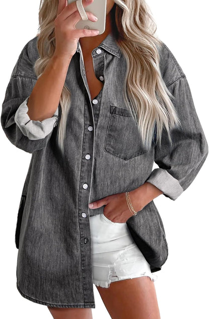 Astylish kvinder Denim skjorter knap ned bluse lange ærmer V hals Casual topper