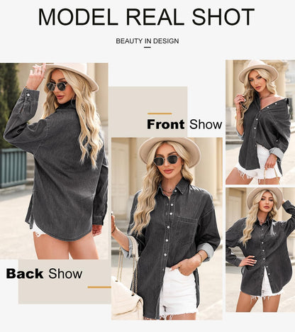 Astylish Women Denim Shirts Button Down Blouse Long Sleeve V Neck Casual Tops